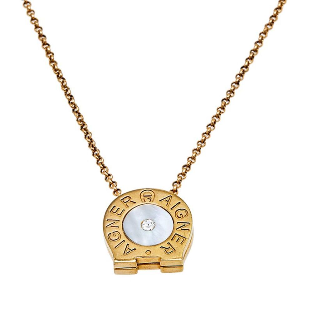 Aigner Mother Of Pearl Crystal Gold Tone Metal Necklace